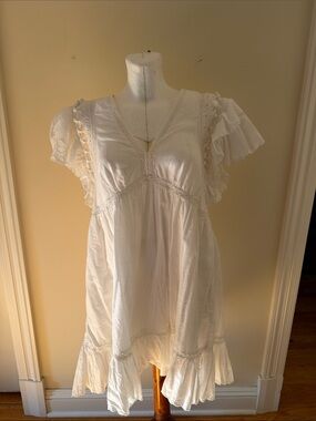 Anthropologie Cream Ruffle V-Neck Cotton Dress